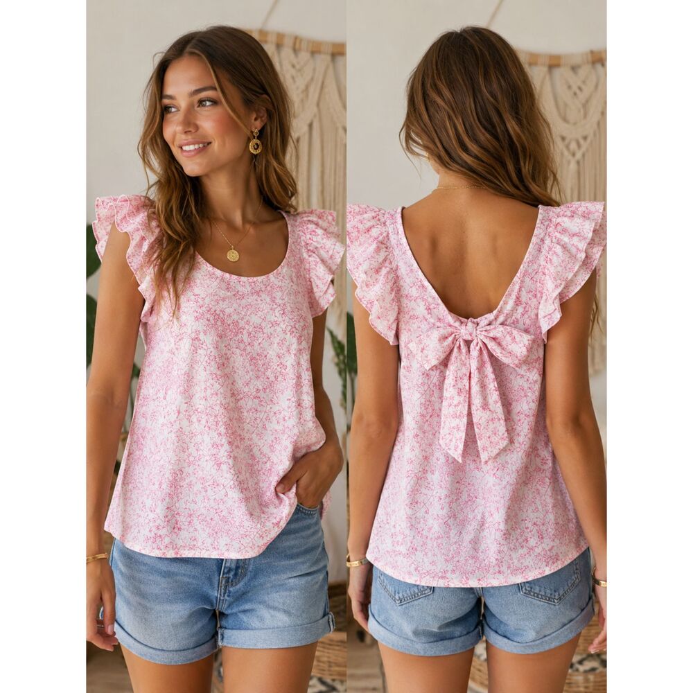 Falechay Pink Floral Boho Top XS Ruffle Sleeve Cottagecore Bow Back Blouse